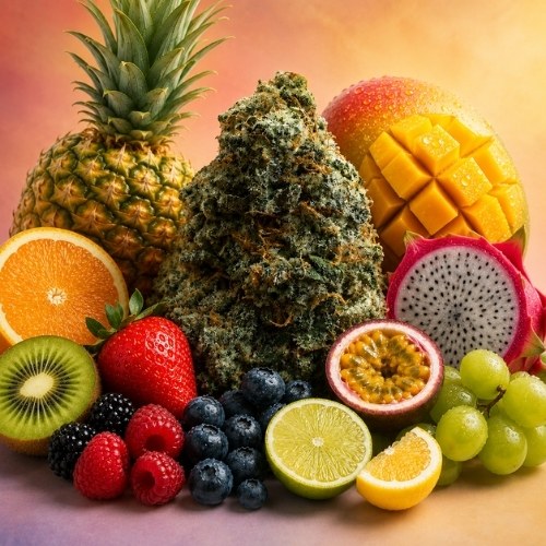 Assorted fresh fruits and a large juicy fruit strain cannabis bud arranged together on a colorful gradient background.