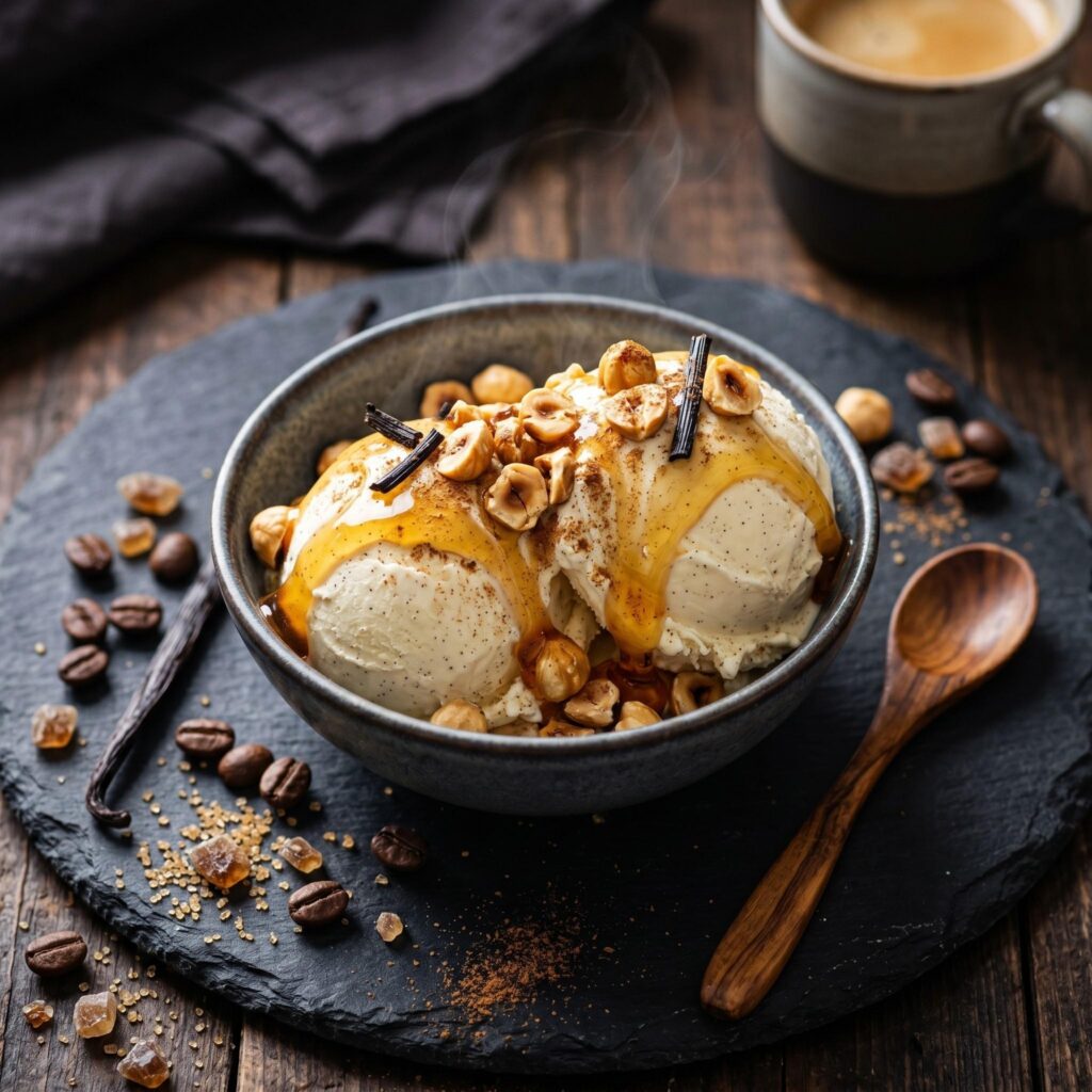 A bowl of vanilla ice cream with caramel sauce and hazelnuts, surrounded by coffee beans and a wooden spoon.