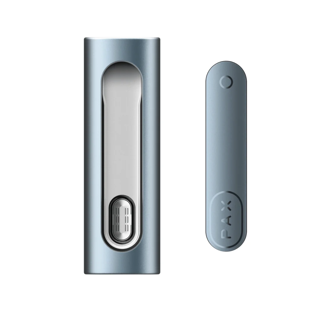 A sleek, silver and blue vaporizer device shown from the front and back against a white background.