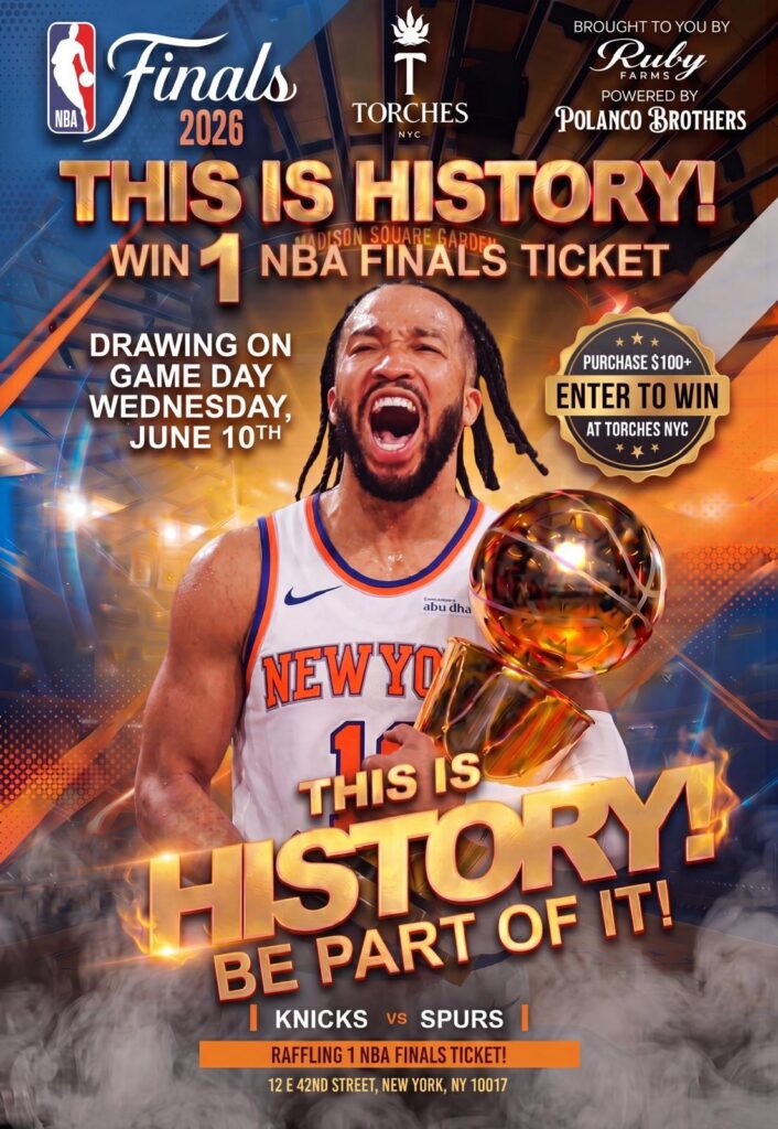 Excited basketball player holding a trophy; NBA Finals 2026 ticket raffle promotion with bold gold text featuring Spurs vs Knicks.