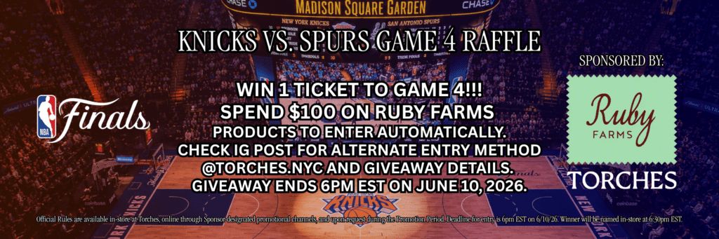 Basketball court promo: Knicks vs. Spurs Game 4 raffle! Sponsored by Ruby Farms and Torches NYC Dispensary. Enter for a chance to win—full giveaway details inside.
