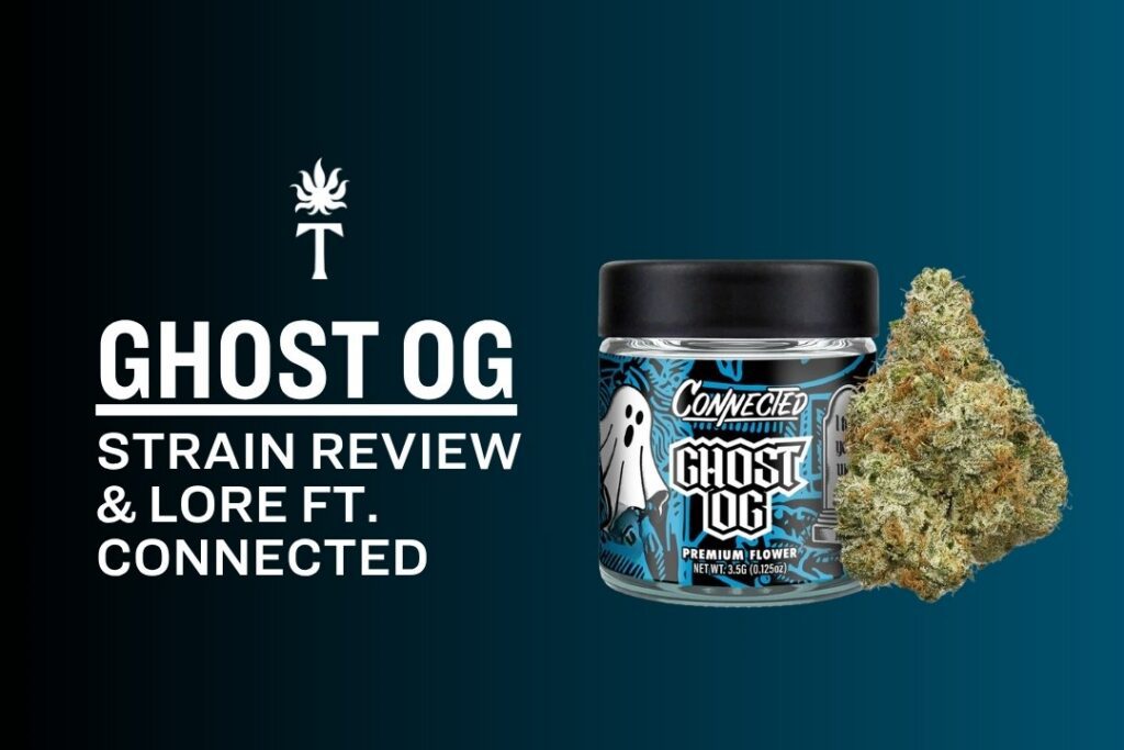 Ghost OG strain review graphic featuring a jar, bud, and bold text on a blue gradient background.
