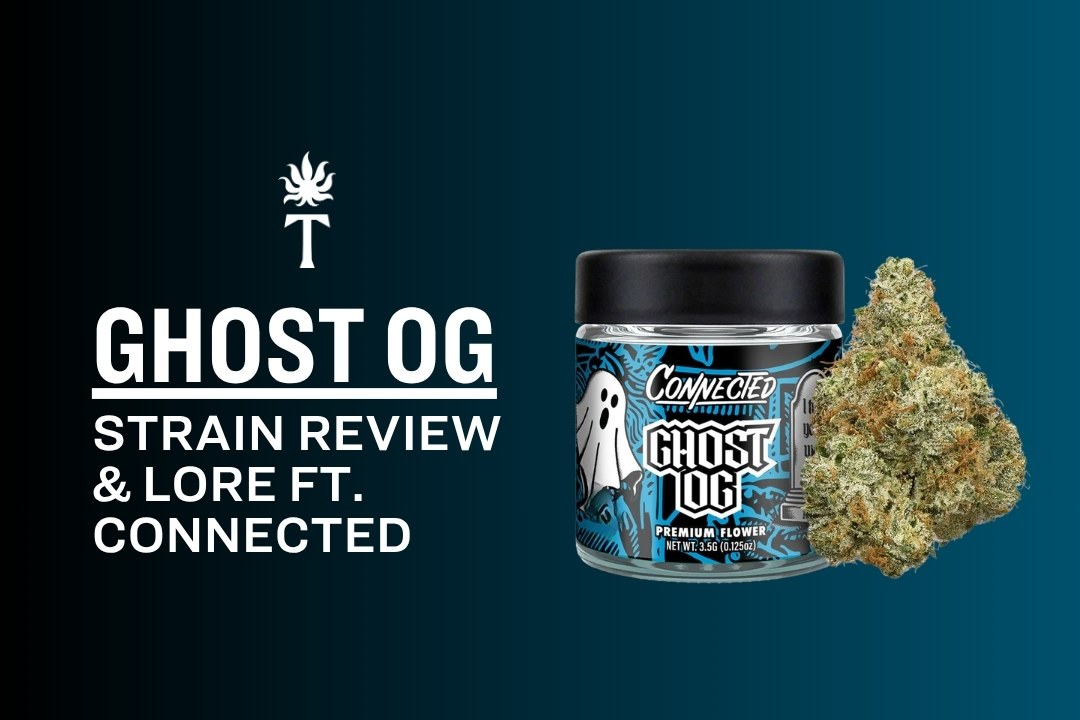Ghost OG strain review graphic featuring a jar, bud, and bold text on a blue gradient background.