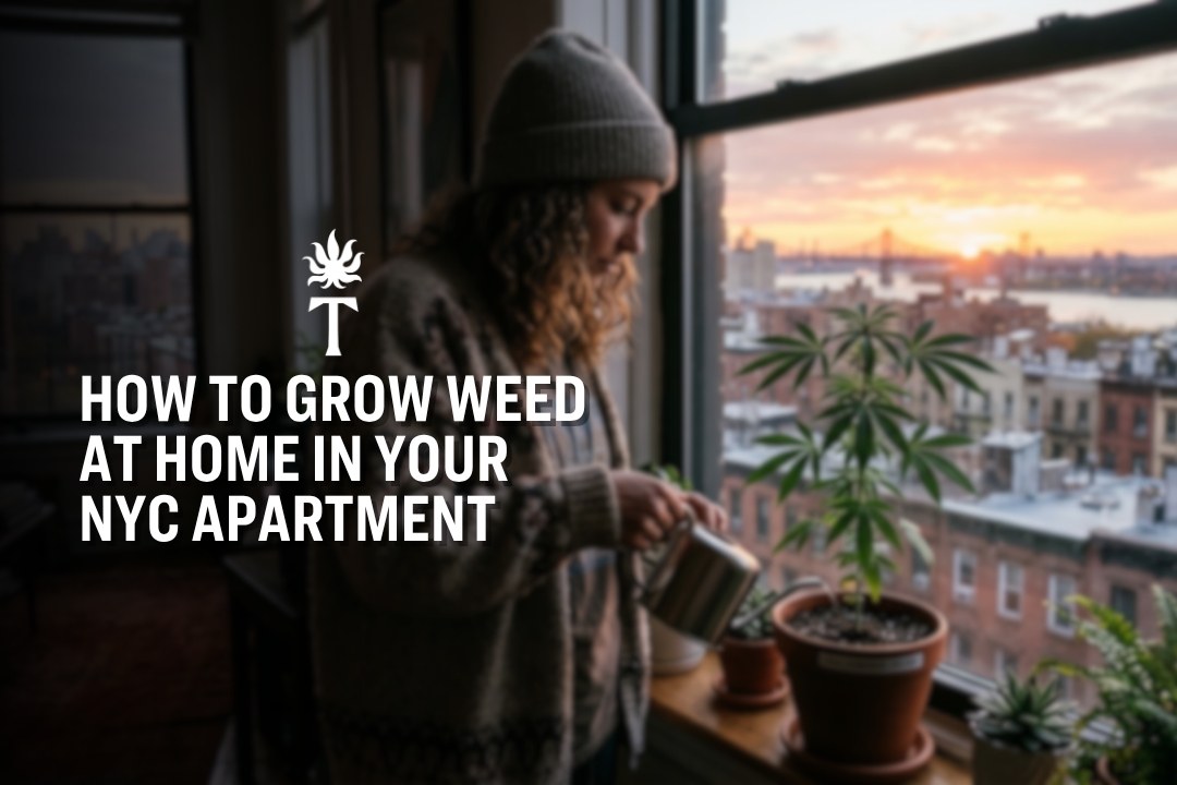 A person waters a cannabis plant by a window, cityscape and sunset in the background; text overlays the image with tips on how to grow weed at home.