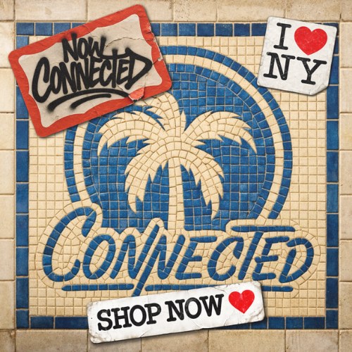 Blue and beige tile mural with a palm tree, Connected text, and stickers saying Now Connected and Shop Now.