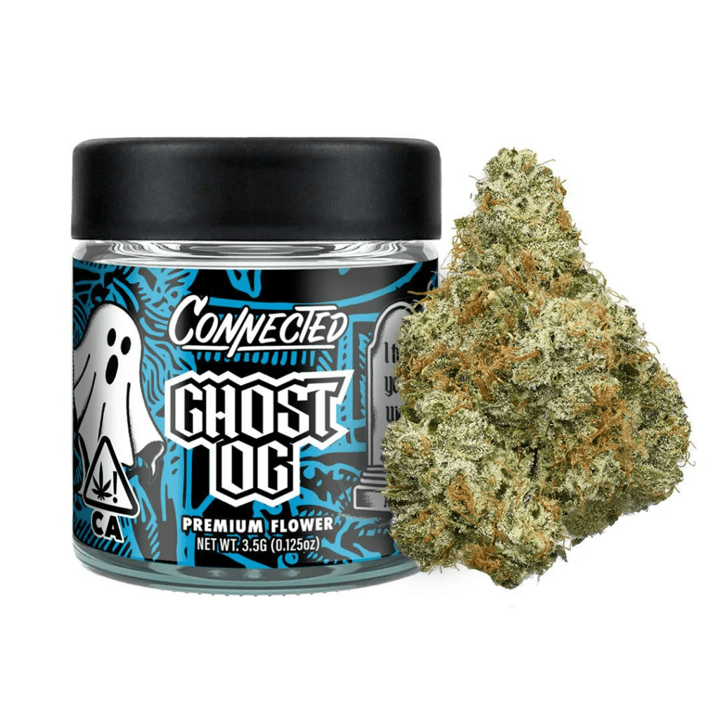 A jar labeled Ghost OG next to a large cannabis bud.