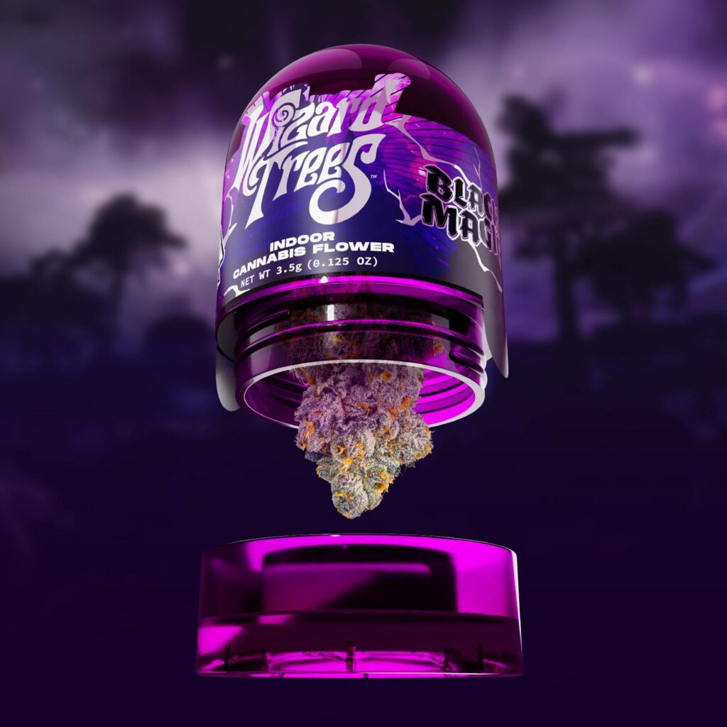 A purple jar labeled Wizart Trees hovers open with cannabis flower inside, set against a dark, hazy background.