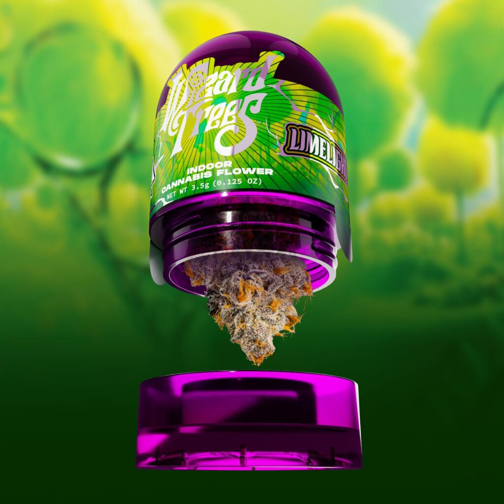 A vibrant purple cannabis container labeled Island Trees hovers open with a bud floating inside.
