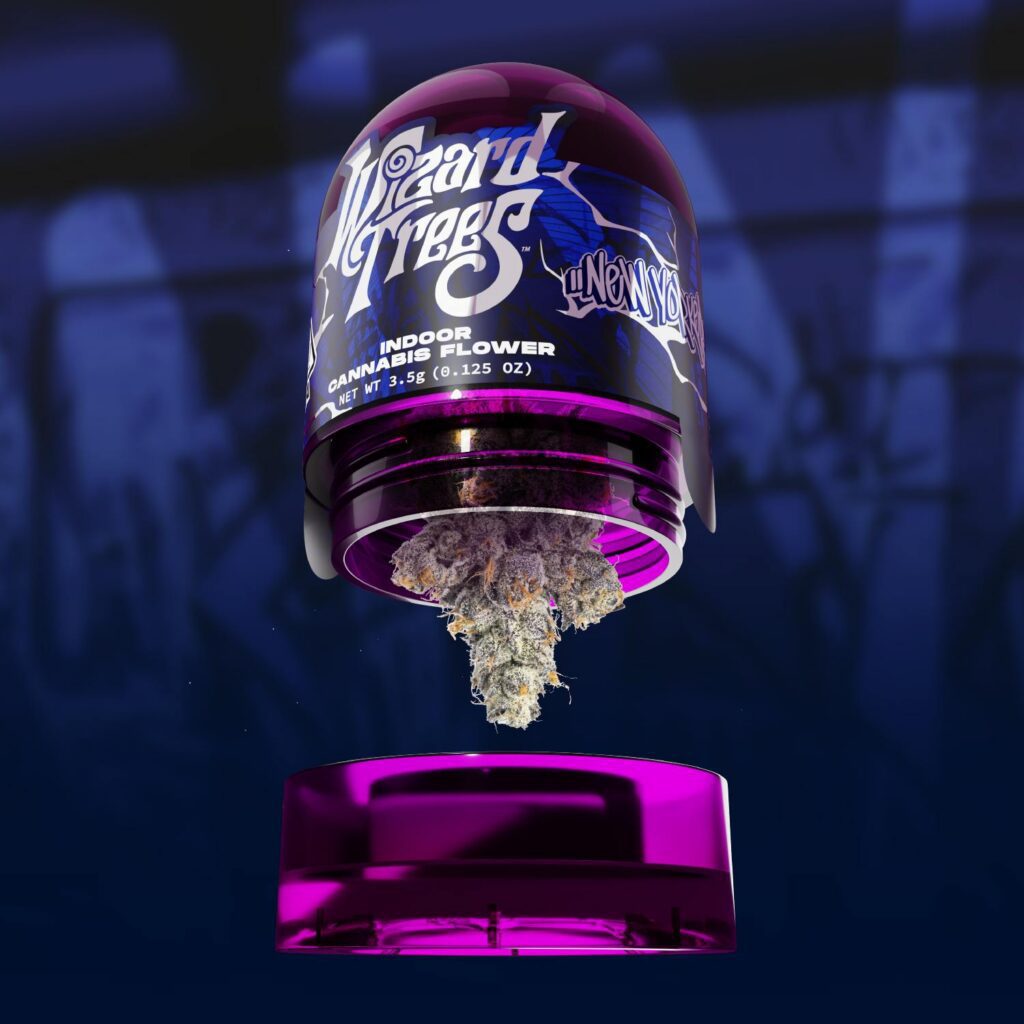 A purple cannabis jar labeled Blizzard Trees floats open with cannabis buds suspended inside.