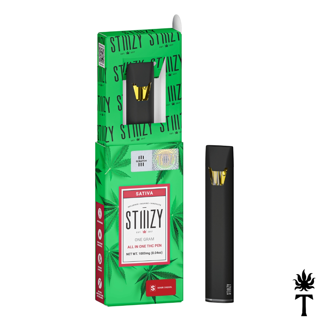 STIIIZY sativa vape pen and green box with cannabis leaf design—find this sleek black device beside the packaging at locations offering Vapes Near Me.