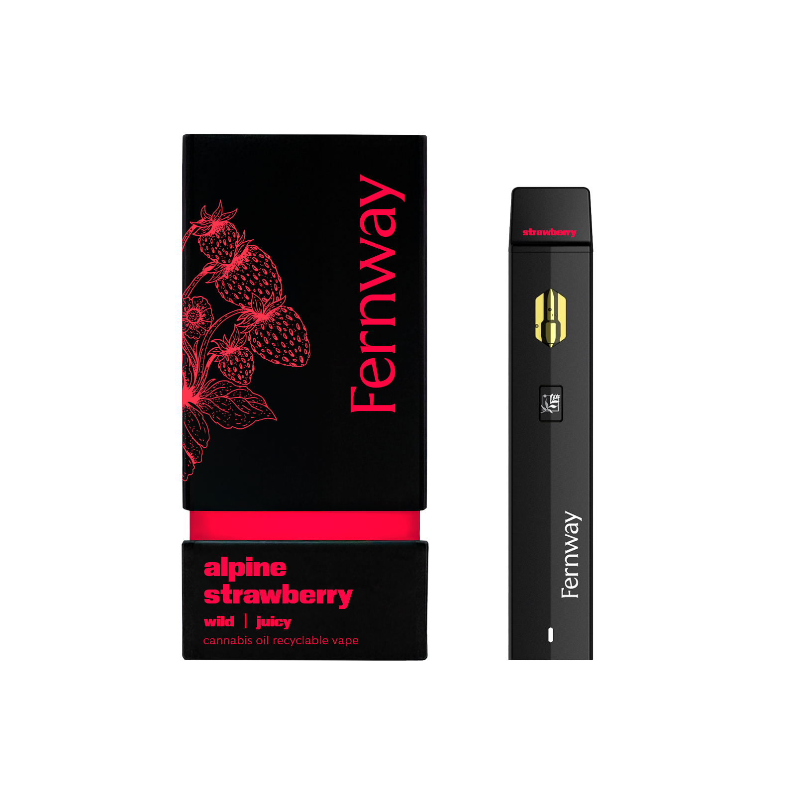 Fernway Alpine Strawberry vape packaging and black vape pen with red and white text on a white background.