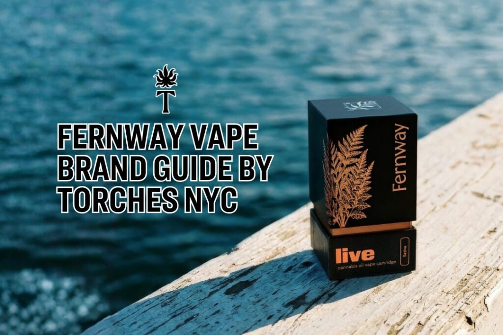 Fernway vape cartridge boxes on wood by water, with text: Fernway Vape Brand Guide by Torches NYC.