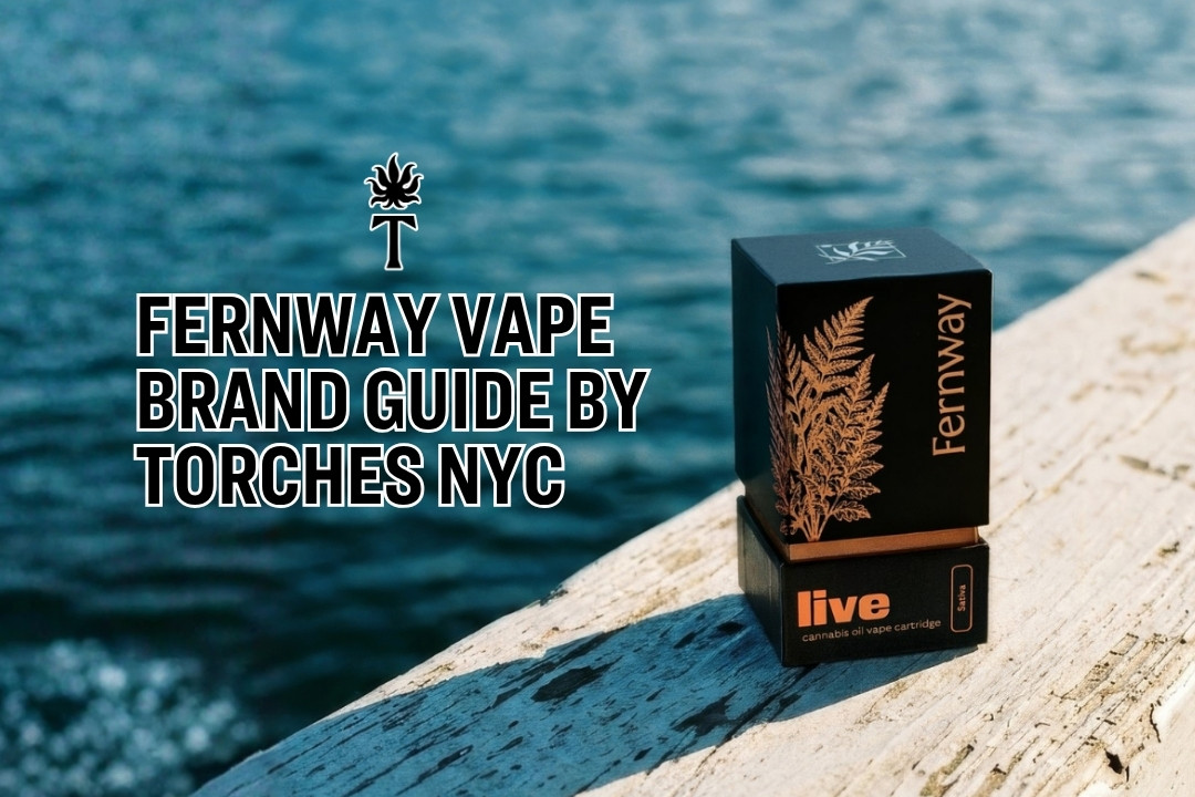 Fernway vape cartridge boxes on wood by water, with text: Fernway Vape Brand Guide by Torches NYC.