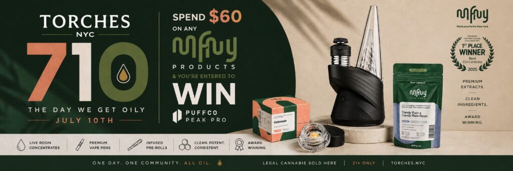 Cannabis products, vape, and edibles displayed on a table; promotion for Torches NYC Dispensary and 710 event.