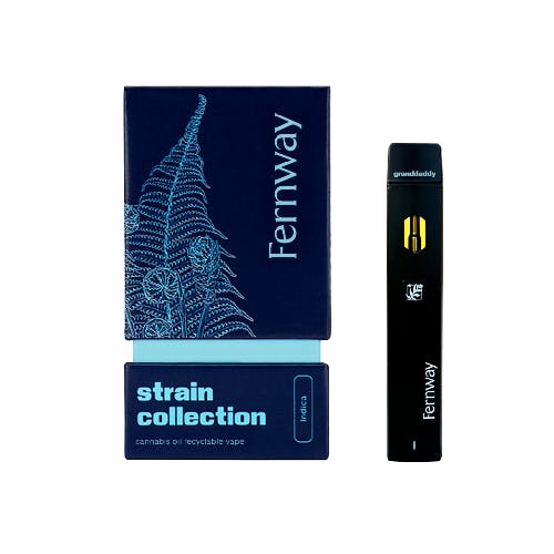 Fenway cannabis vape pen and blue strain collection box with fern design and product branding.