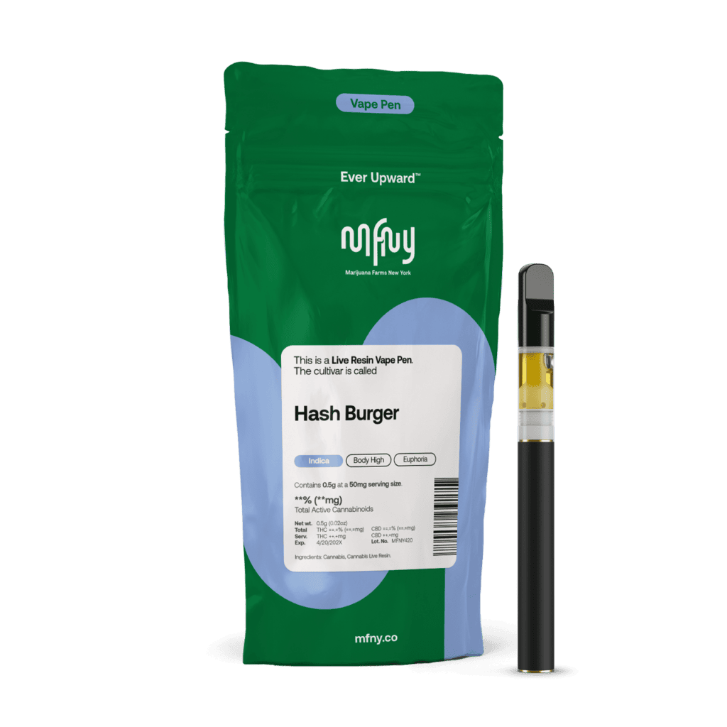 Green bag labeled Hash Burger live resin vape pen with a black and gold vape pen beside it.