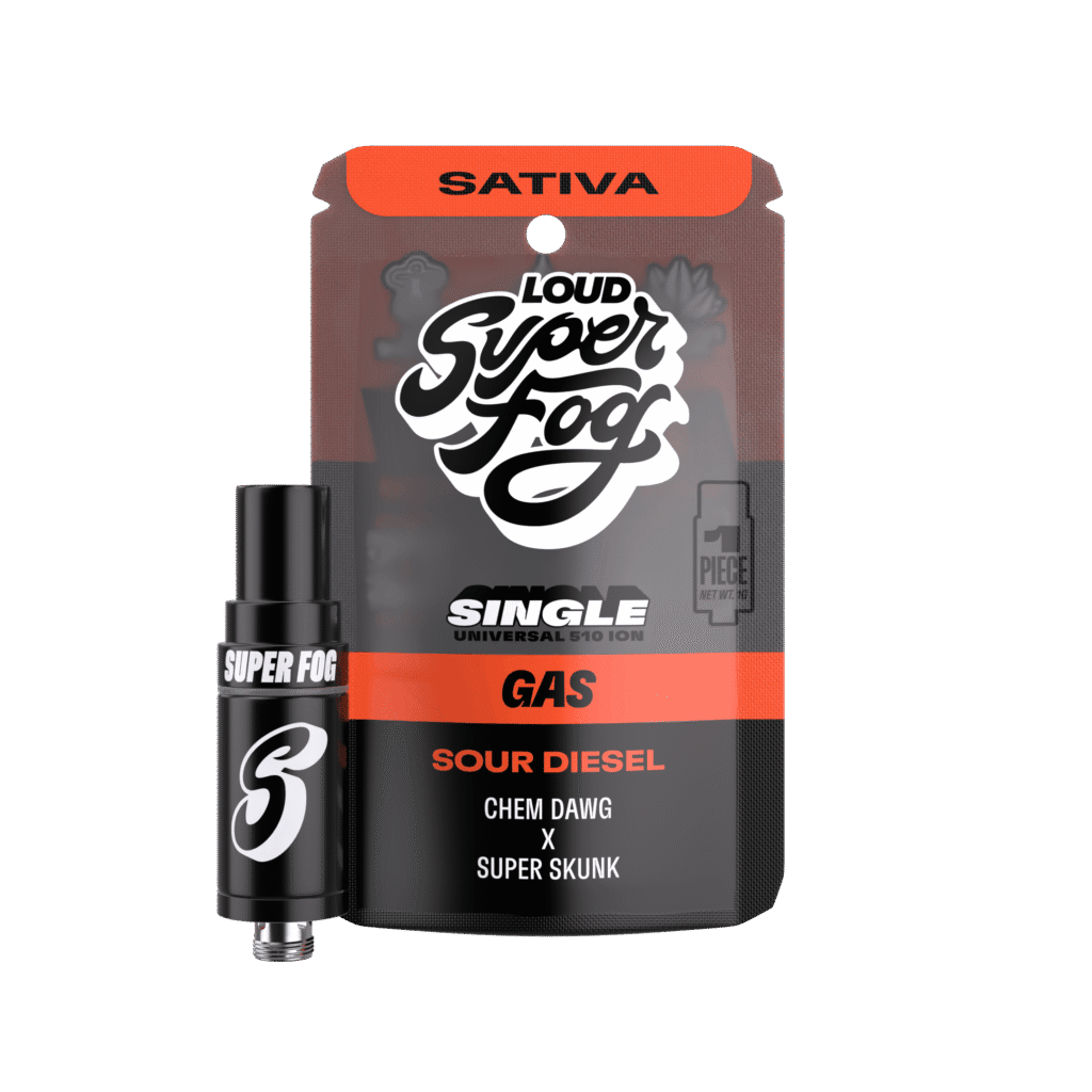 Sativa Super Fog vape cartridge and packaging labeled Sour Diesel, Chem Dawg x Super Skunk, Gas.