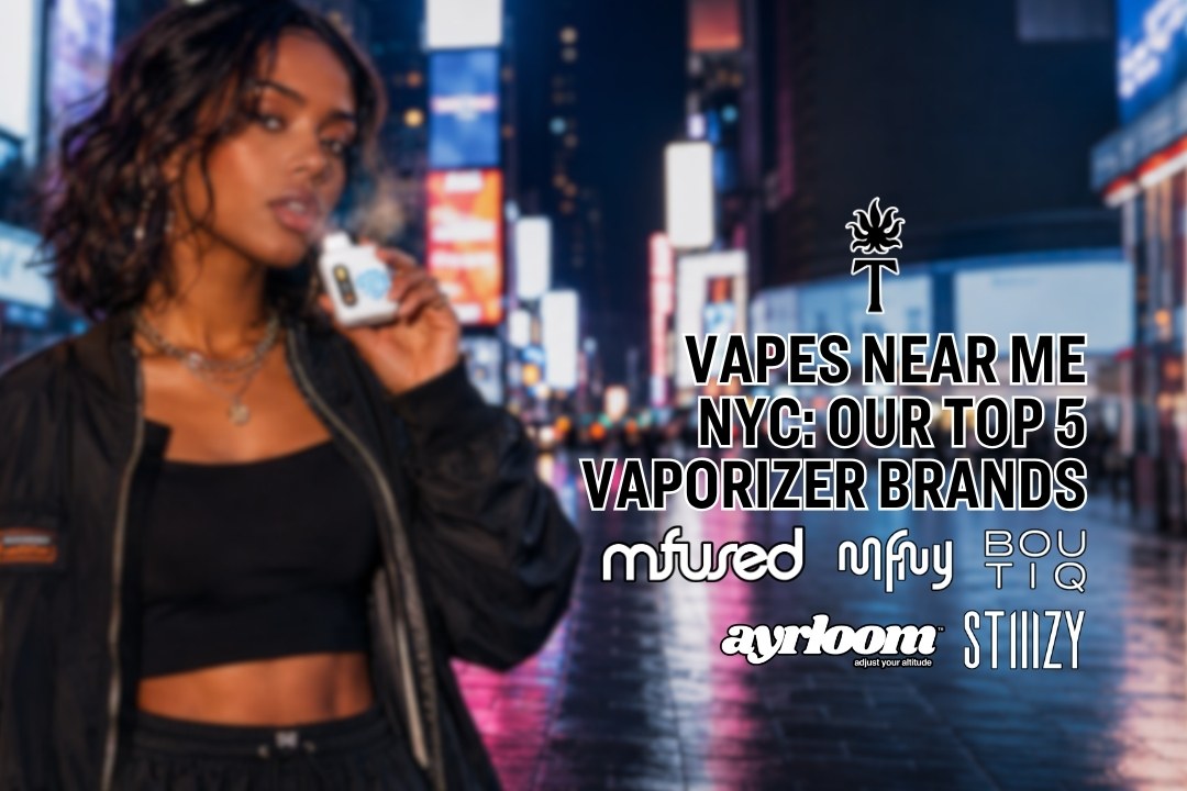 Woman holding a vape on a city street at night; text lists top 5 vaporizer brands in NYC, perfect for anyone searching “Vapes Near Me.”.