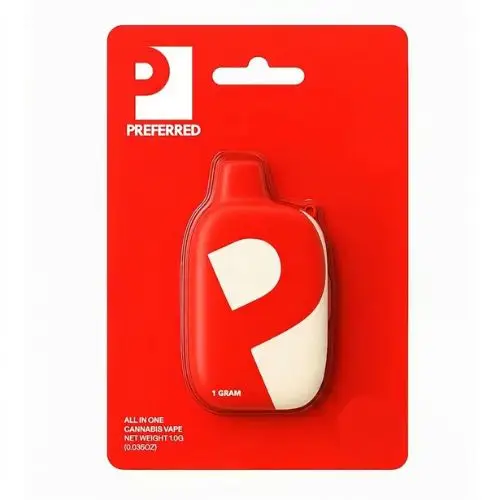 Red and white vape device in plastic packaging featuring Preferred branding, displayed on a bold red background.