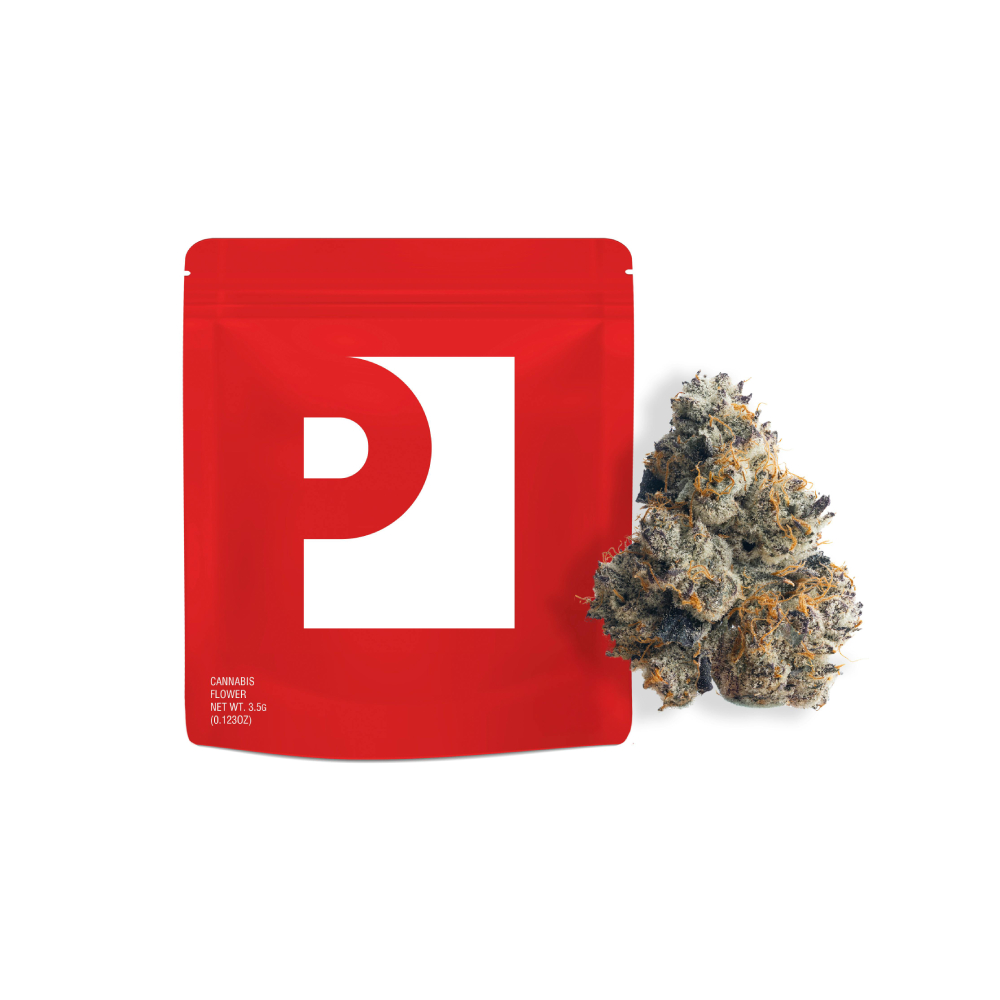 Red cannabis pouch with a bold white P next to a cannabis bud on a white background.