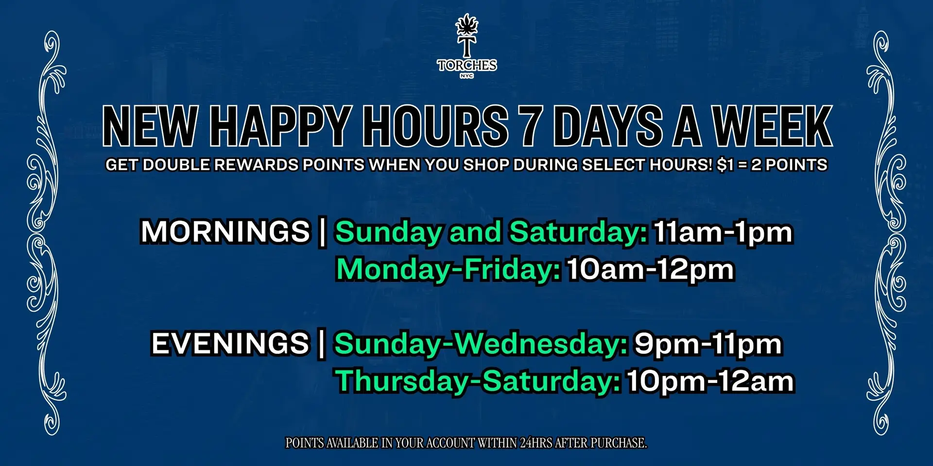 Happy hour times for mornings and evenings with bonus points; days and hours listed on a blue background.