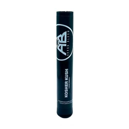 Black tube labeled Kosher Kush strain with white text and a circular AB logo near the top.