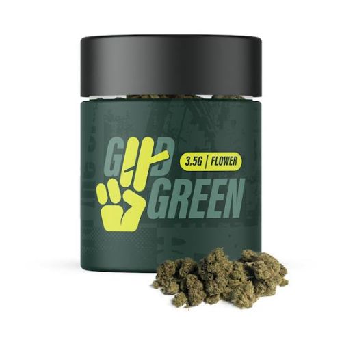 A green jar labeled Grip Green 3.5g Flower with Kosher Kush strain cannabis buds scattered in front of it.