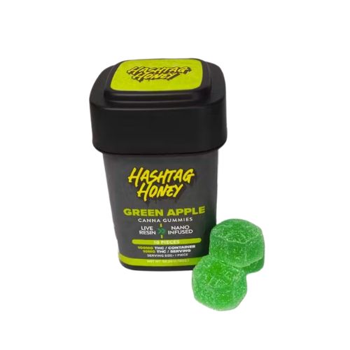 A black container labeled Hashtag Honey Green Apple with two hashtag honey green gummies beside it.