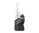 A clear glass water bottle with a textured design, wrapped in a sleek black silicone sleeve—a minimalist accessory perfect for staying hydrated whether you’re at home or exploring Torches NYC—set against a crisp white background.