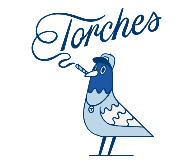 Cartoon pigeon in a cap smoking, with “Torches NYC” written above in script, formed from the swirling smoke.