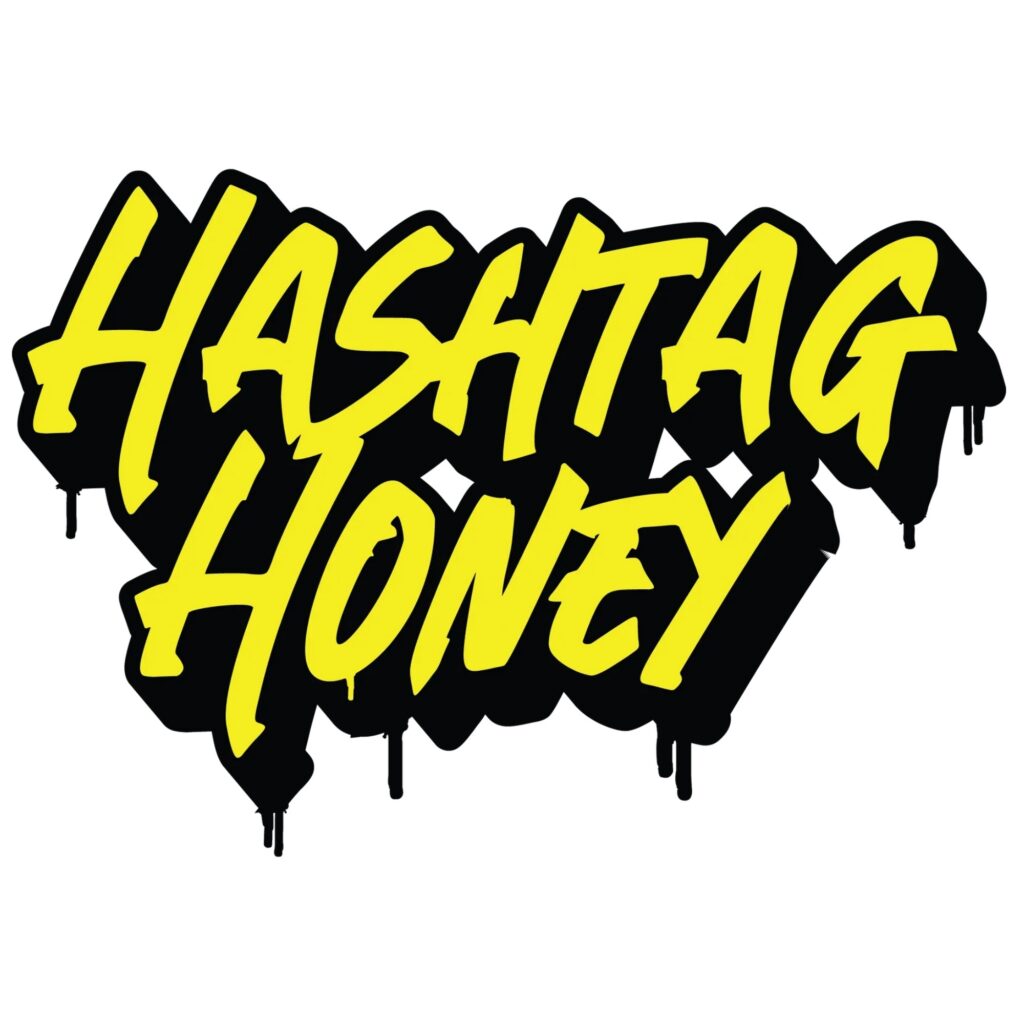 Hashtag Honey in bold yellow graffiti-style text with black shadows and drips.