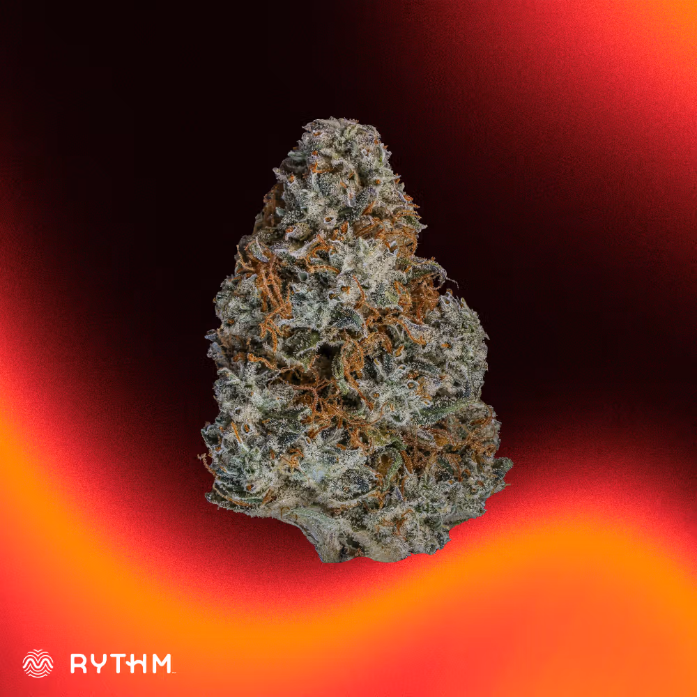 A close-up of a cannabis bud with frosty trichomes, set against a red and orange gradient background.