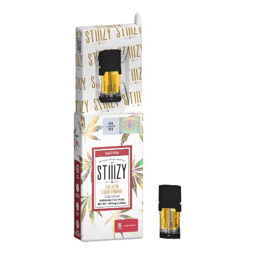 Stiiizy Green Crack sativa live resin pod and its product packaging.