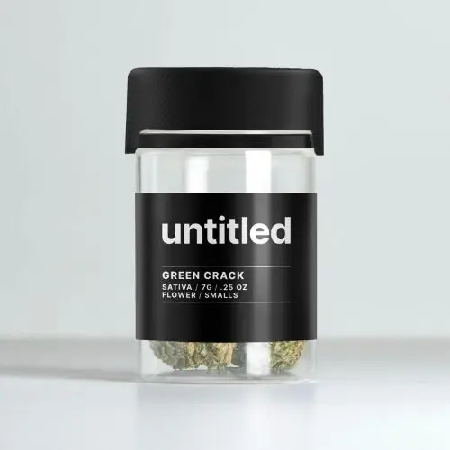 Clear jar labeled untitled Green Crack sativa flower containing 7 grams of cannabis.