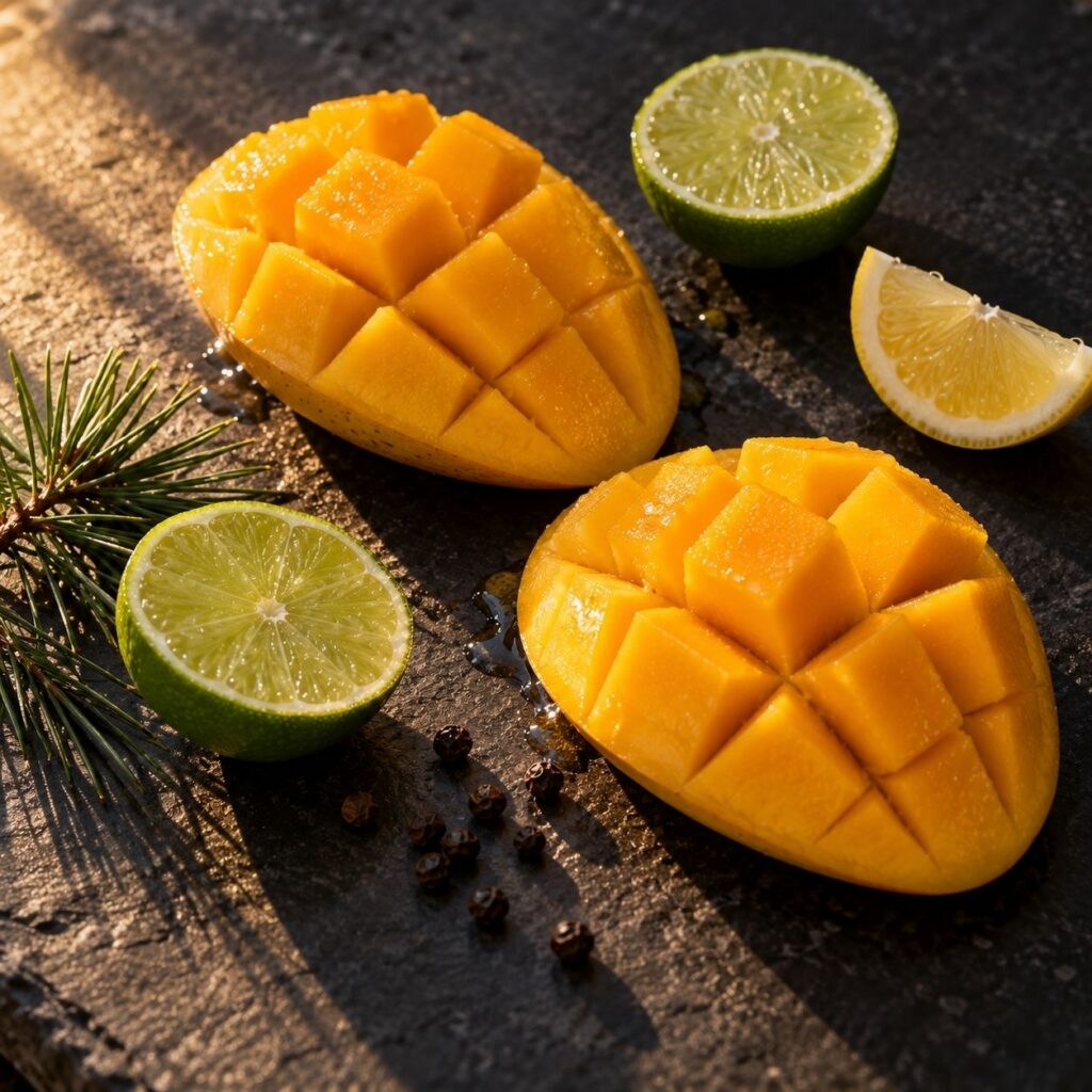 Two mango halves scored in a grid pattern, served with lime slices and peppercorns.