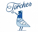 Cartoon pigeon in a cap smoking, with “Torches NYC” written above in script, formed from the swirling smoke.